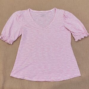 Talbots modal / cotton blend Pink & White Striped V-Neck puff sleeve knit top